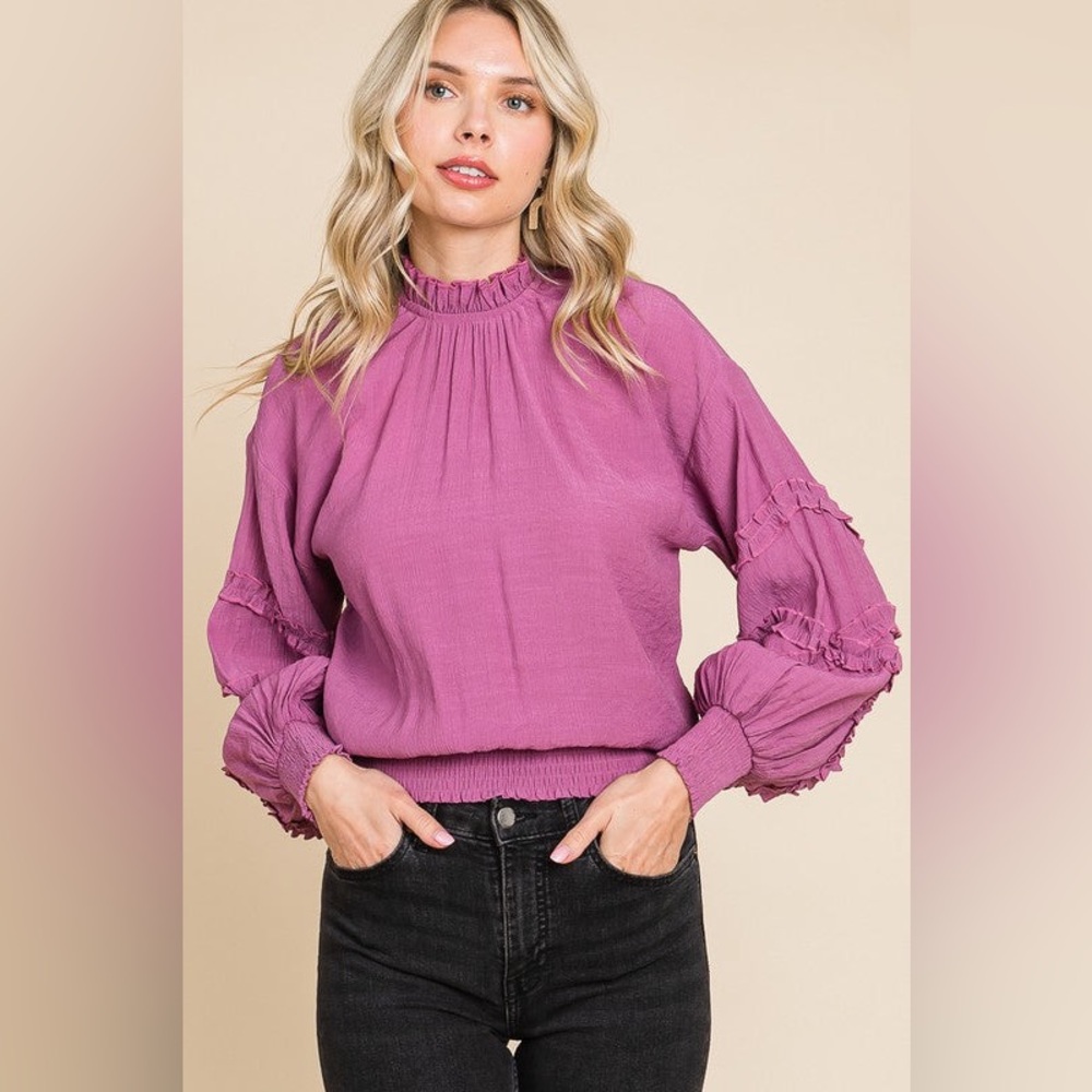 Women’s Ruffle Neck Long Sleeve Top - Orchid Pink